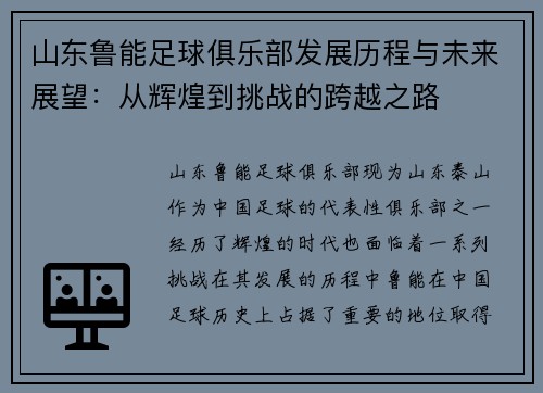 山东鲁能足球俱乐部发展历程与未来展望：从辉煌到挑战的跨越之路
