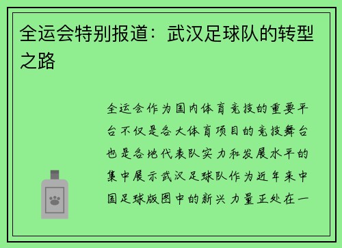 全运会特别报道：武汉足球队的转型之路