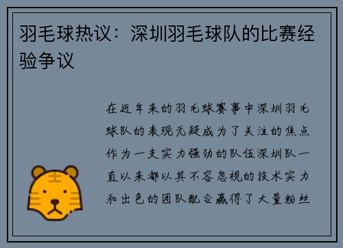 羽毛球热议：深圳羽毛球队的比赛经验争议