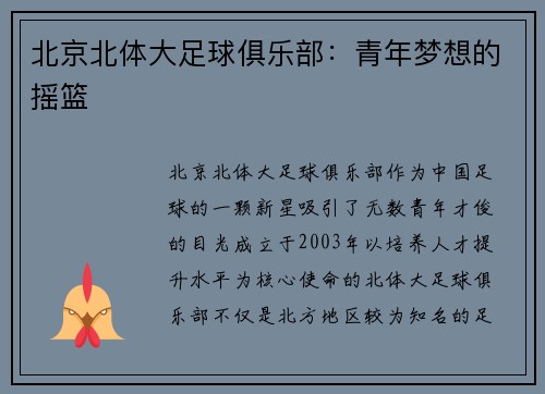 北京北体大足球俱乐部：青年梦想的摇篮