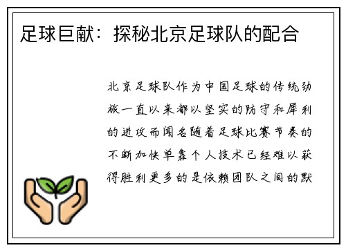 足球巨献：探秘北京足球队的配合