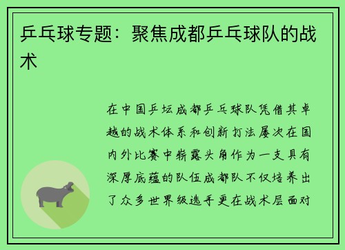 乒乓球专题：聚焦成都乒乓球队的战术